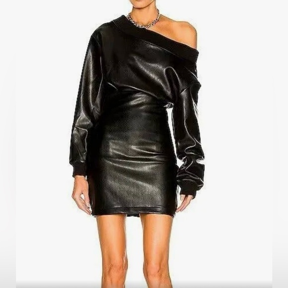 NWOT RtA Faux Leather Off the Shoulder Long Sleeve Black Dress XS